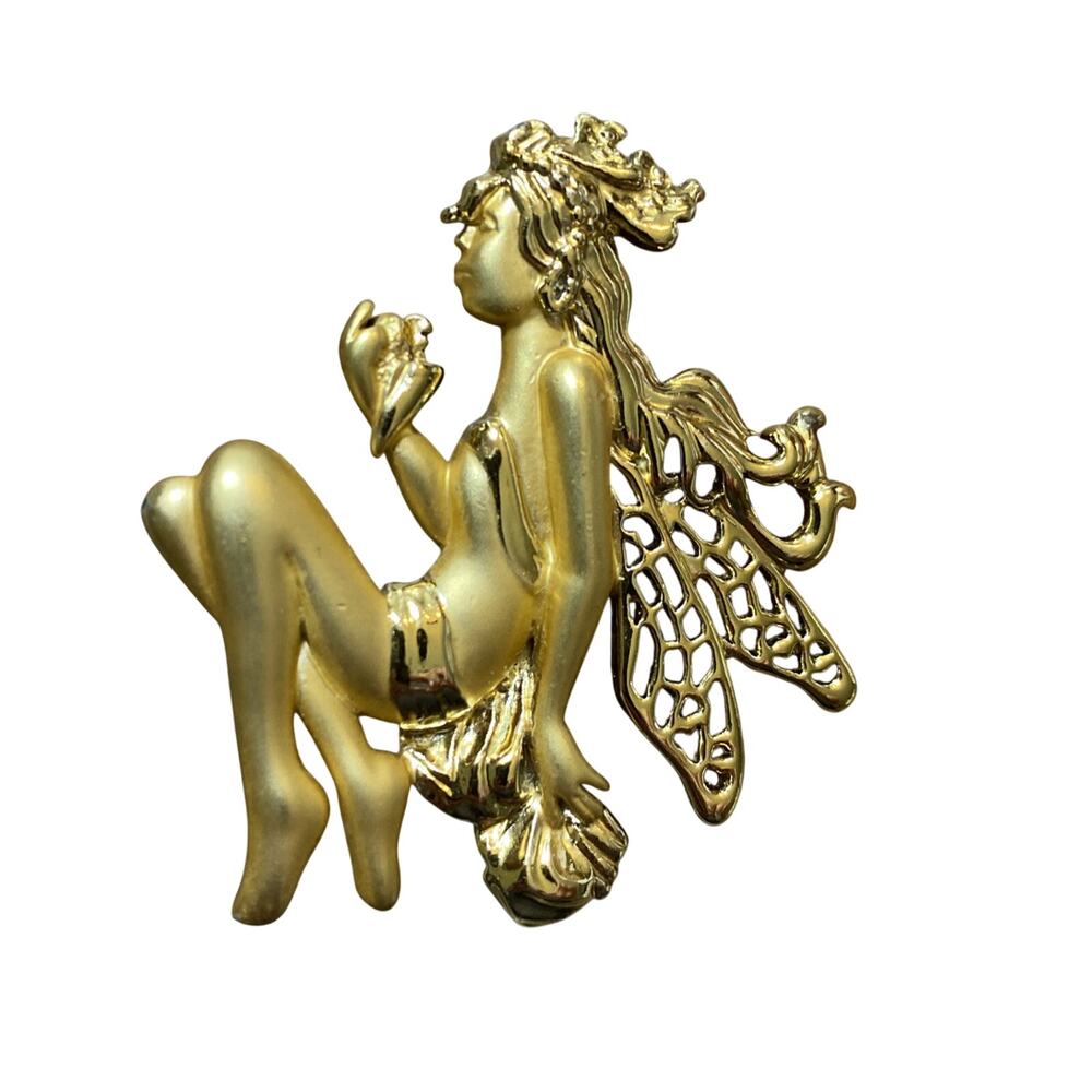 Vintage Danecraft Gold Tone Fairy Brooch Pin Signed 1.75" Tall